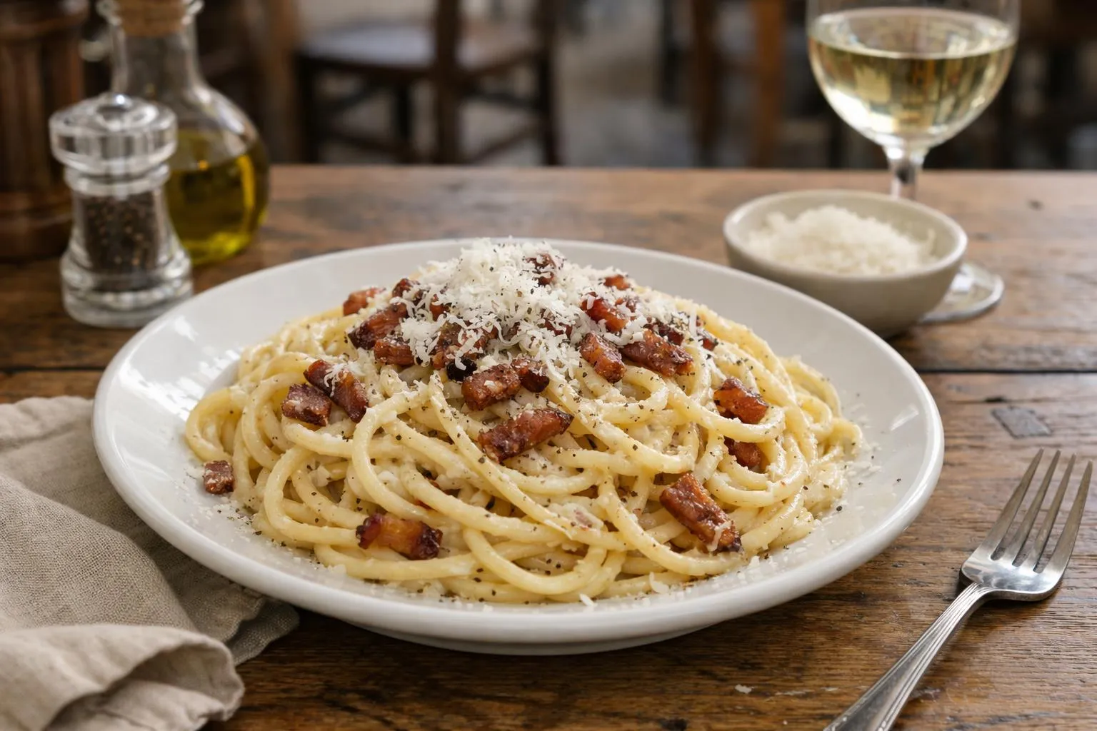Plat de pâtes carbonara avec pancetta, parmesan et vin blanc.