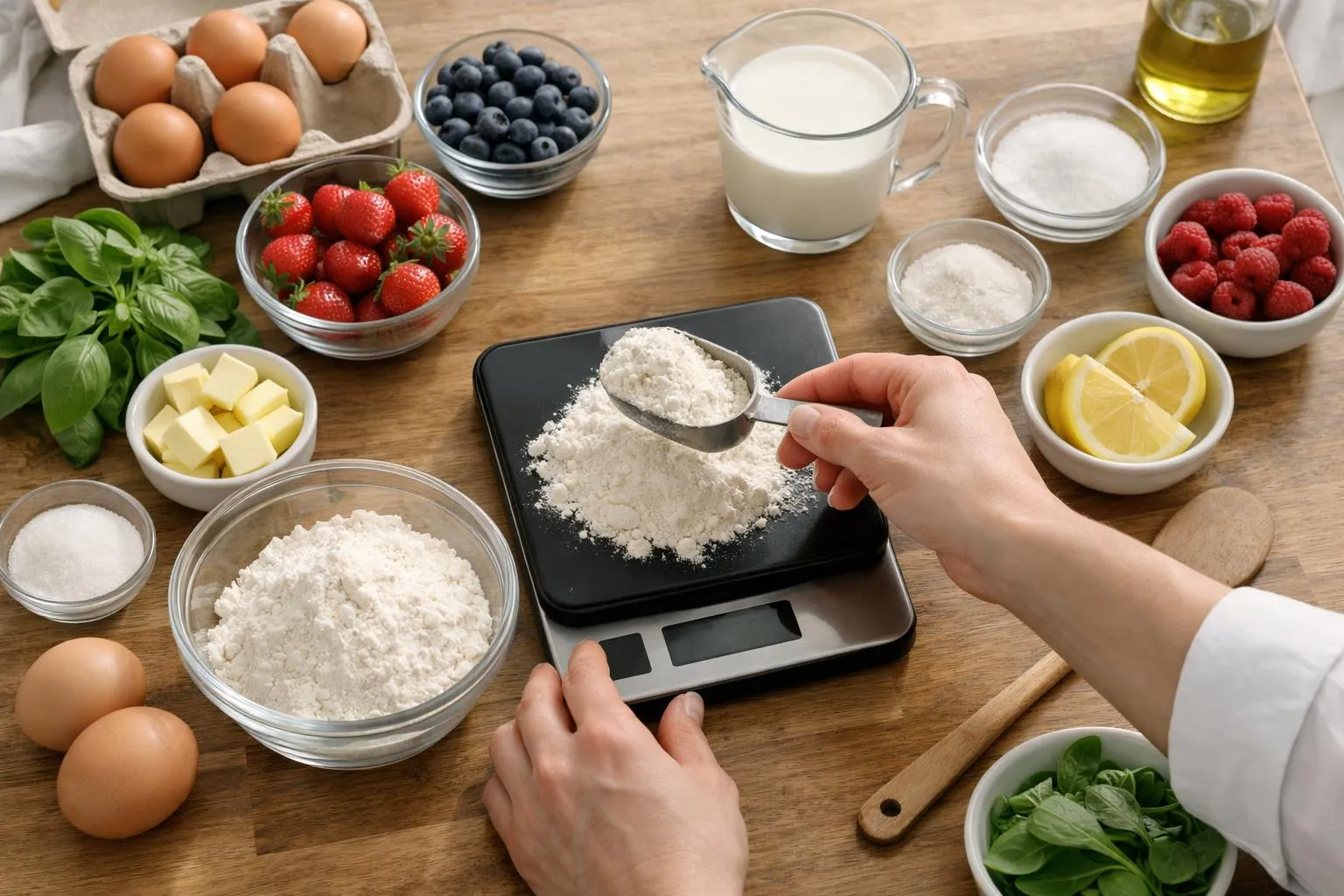 Ingrédients et ustensiles de cuisine sur une table en bois.