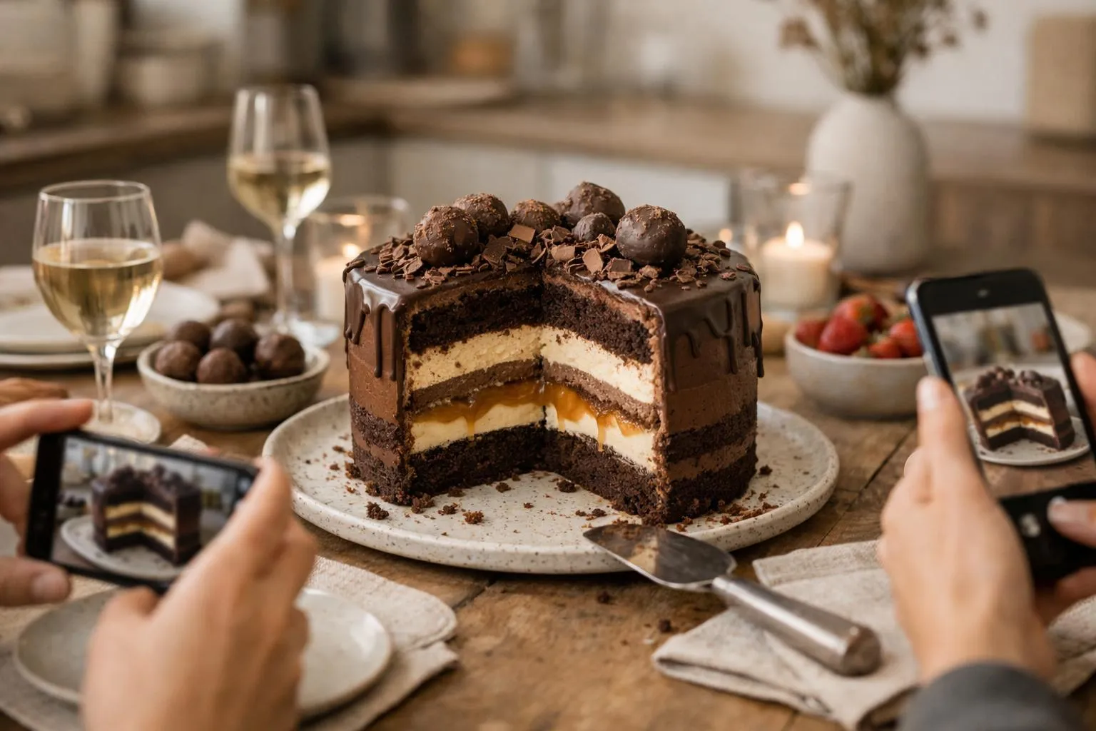 Gâteau au chocolat garni de truffes et de copeaux de chocolat.