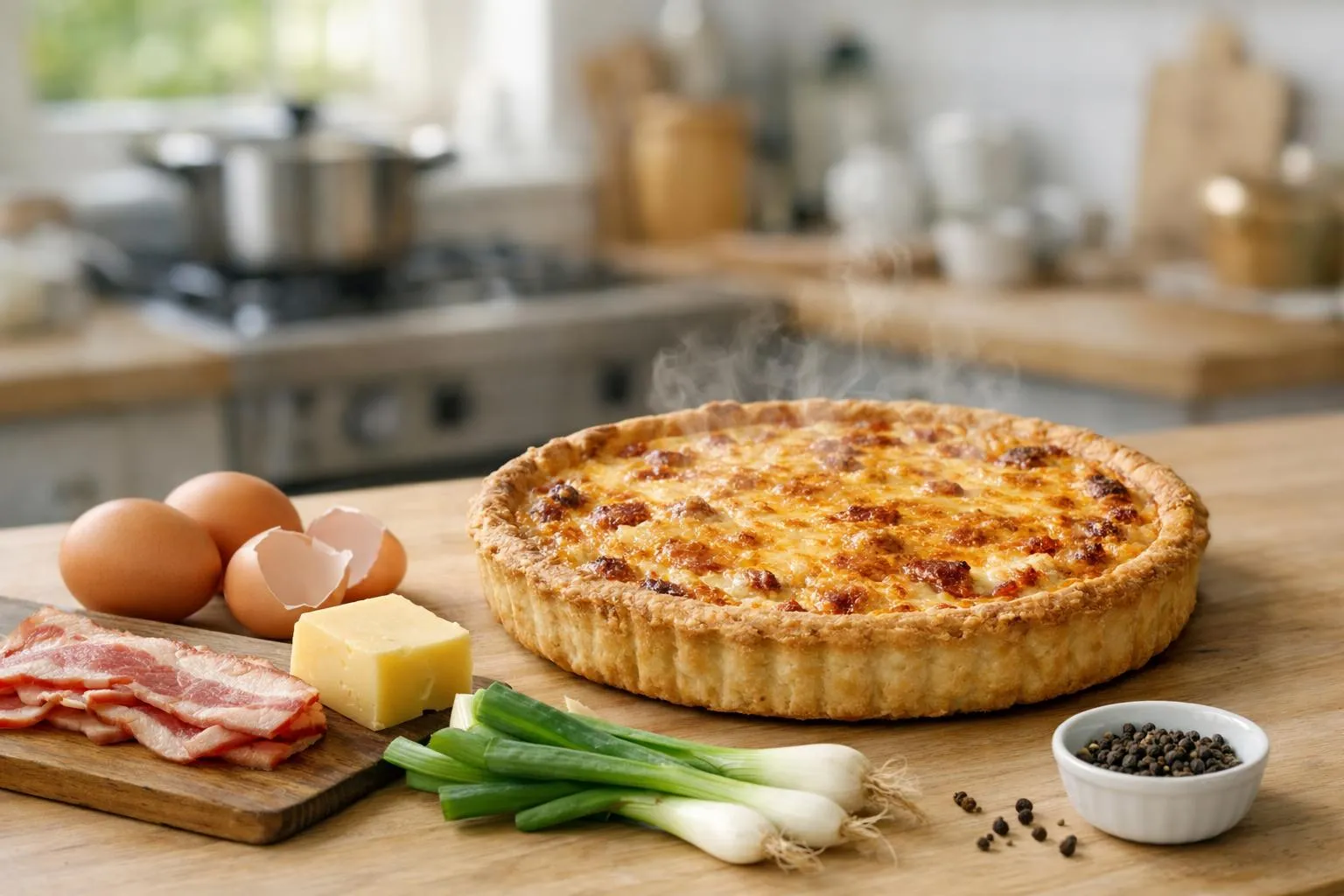 Tarte salée fumante avec garniture de bacon, oeufs et légumes.