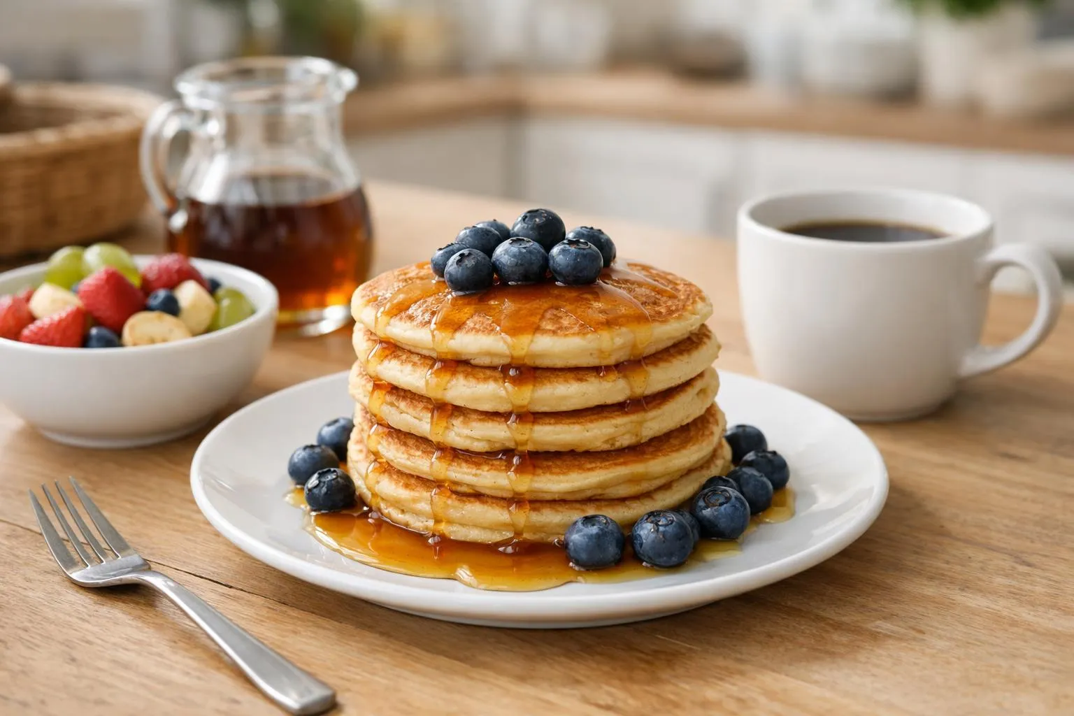 Pile de crêpes dorées garnies de myrtilles, accompagnées d'un bol de fruits frais et d'une tasse de café.