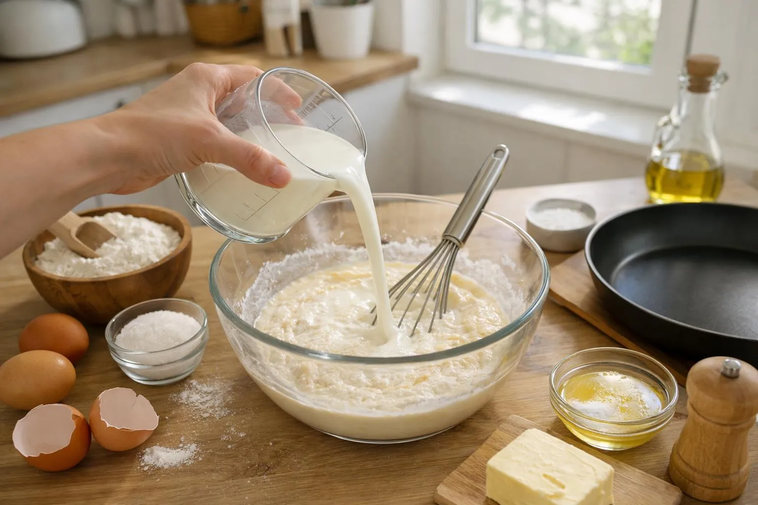Préparation de pâte à gâteau avec ingrédients sur plan de travail en bois.
