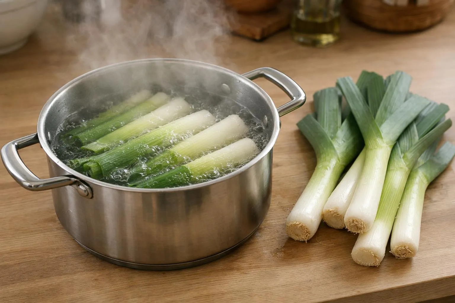 Pot en acier inoxydable avec légumes verts bouillants, accompagné de poireaux frais.
