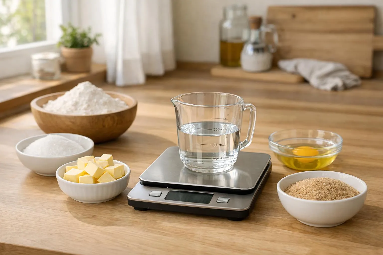 36 cl en gramme, la conversion exacte pour réussir vos recettes Ustensiles de cuisine et ingrédients sur une table en bois.