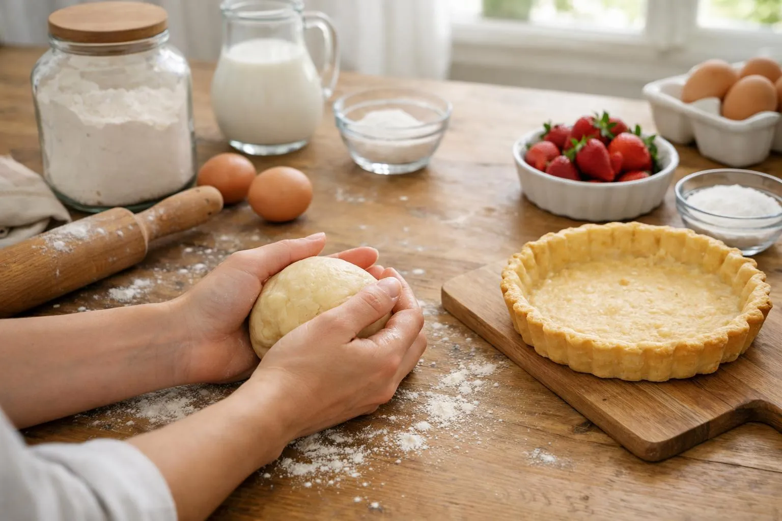 Pâte Sablée Facile, réussir Cette Recette Inratable en 5 Étapes Préparation d'une pâte à tarte avec des ingrédients sur une table de cuisine.