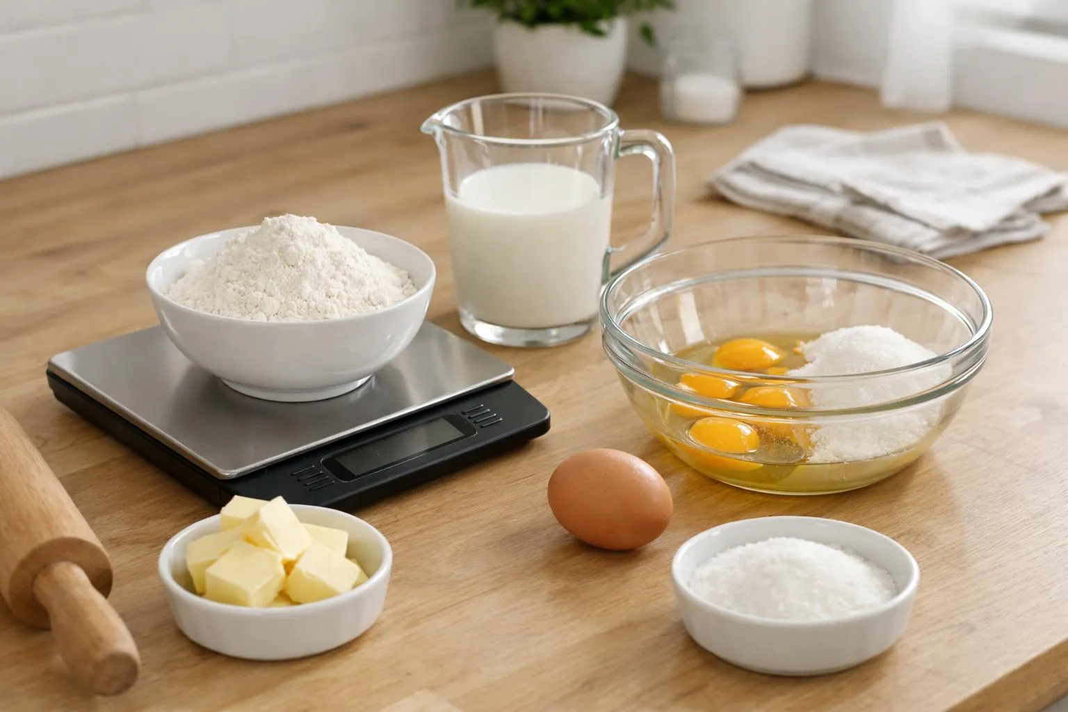 Conversion cl en gramme lait, 5 méthodes Ingrédients de cuisine sur une table en bois: farine, lait, oeufs, beurre, sucre.