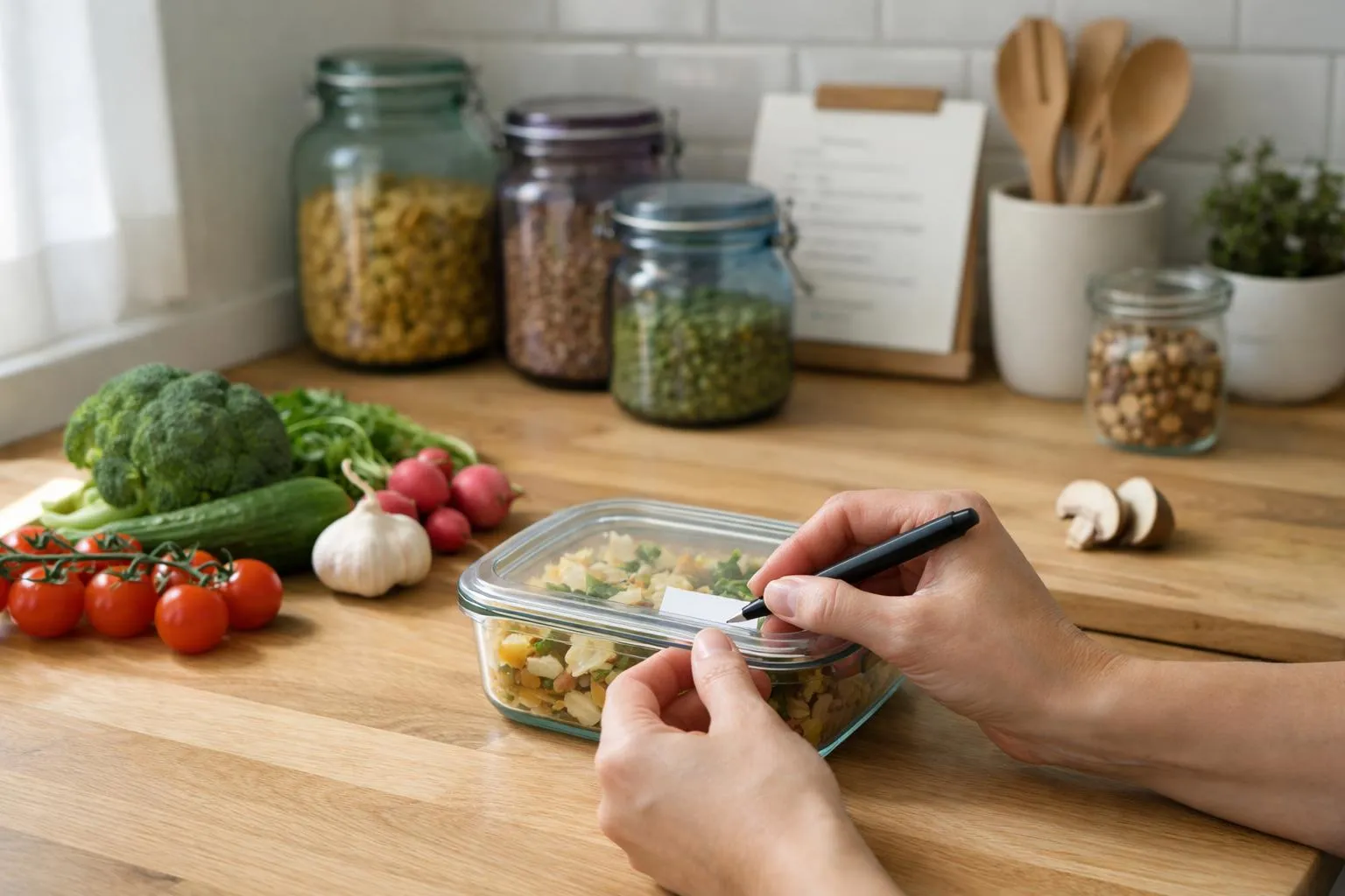 Préparation de repas sain avec légumes frais et bocaux d'épices.