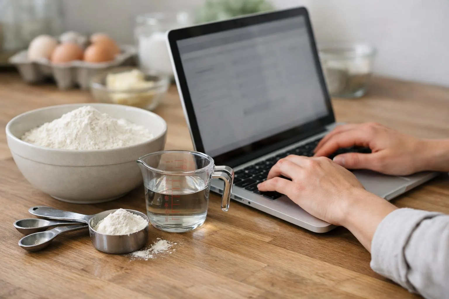 Ordinateur portable, ingrédients de cuisine, préparation culinaire, mains tapant sur le clavier.
