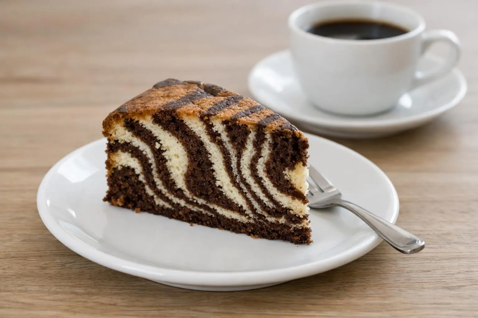 Gâteau marbré au chocolat et à la vanille, servi avec une tasse de café.