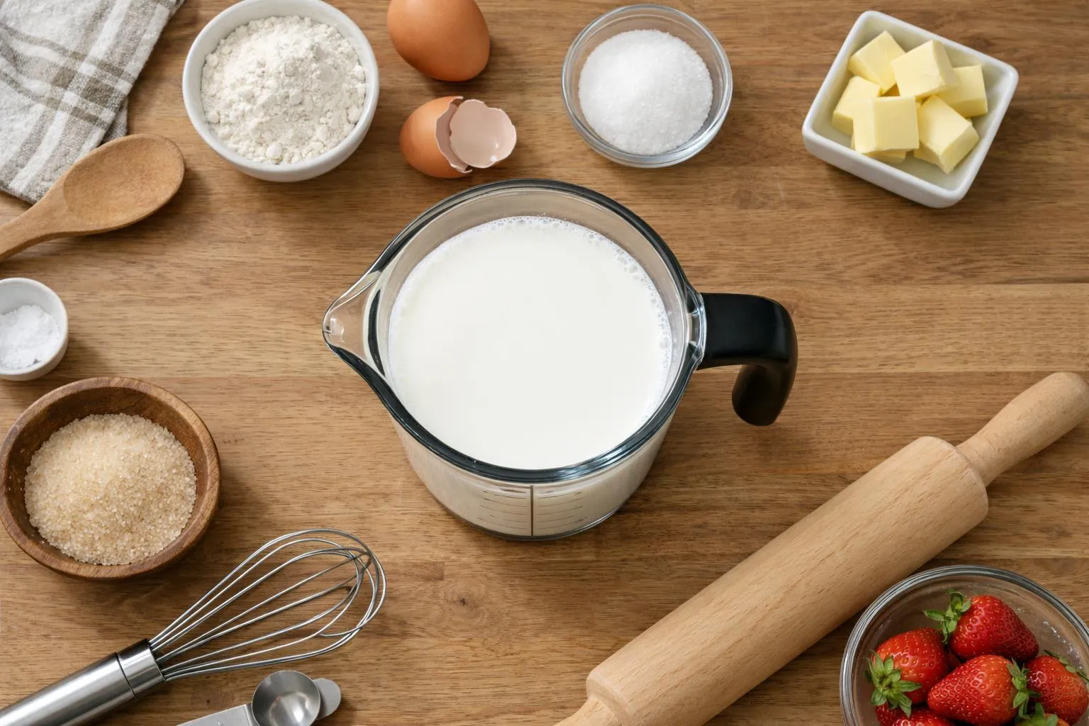 Ustensiles et ingrédients pour la cuisson sur une surface en bois.