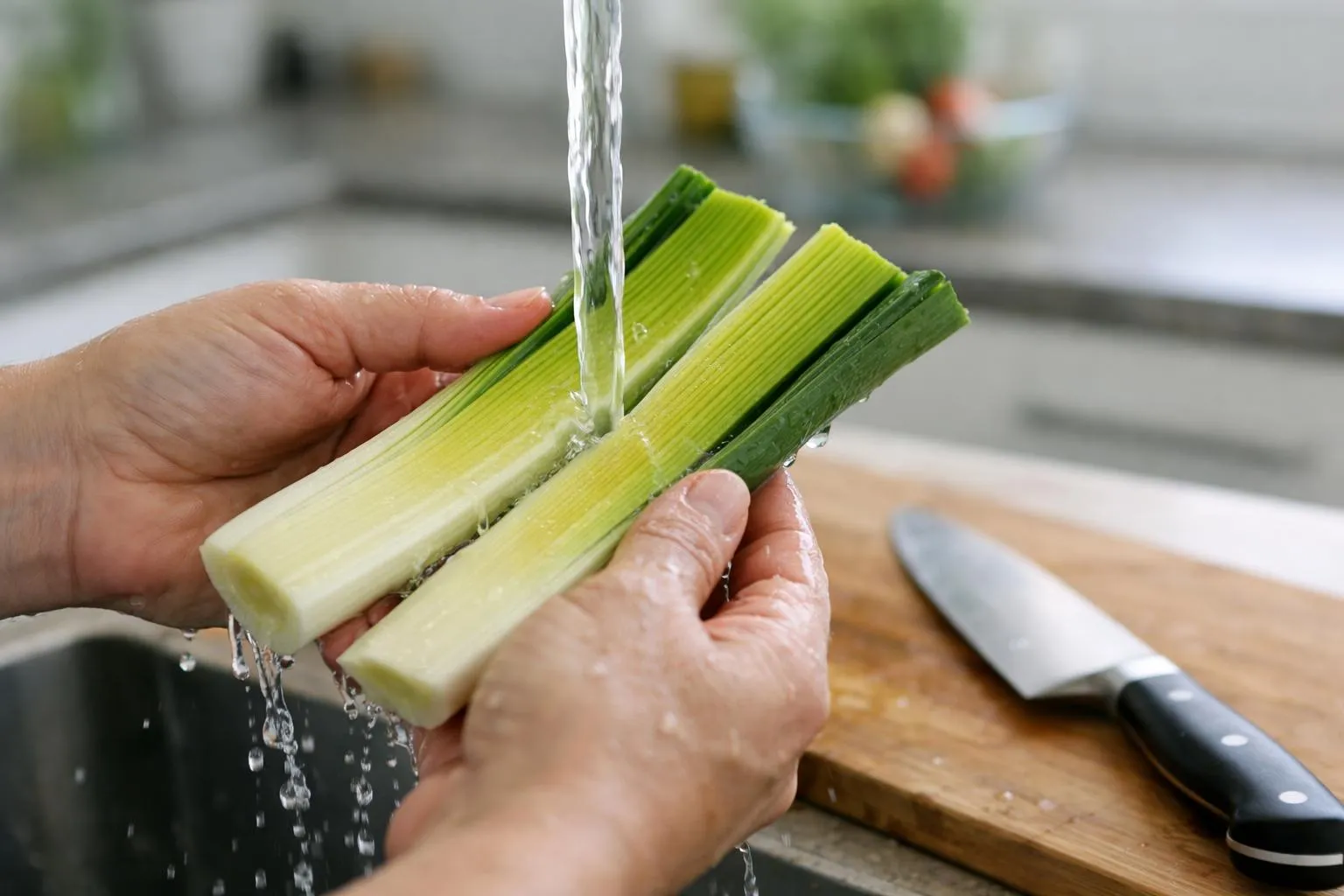 Mains lavant des tiges de céleri sous un jet d'eau.