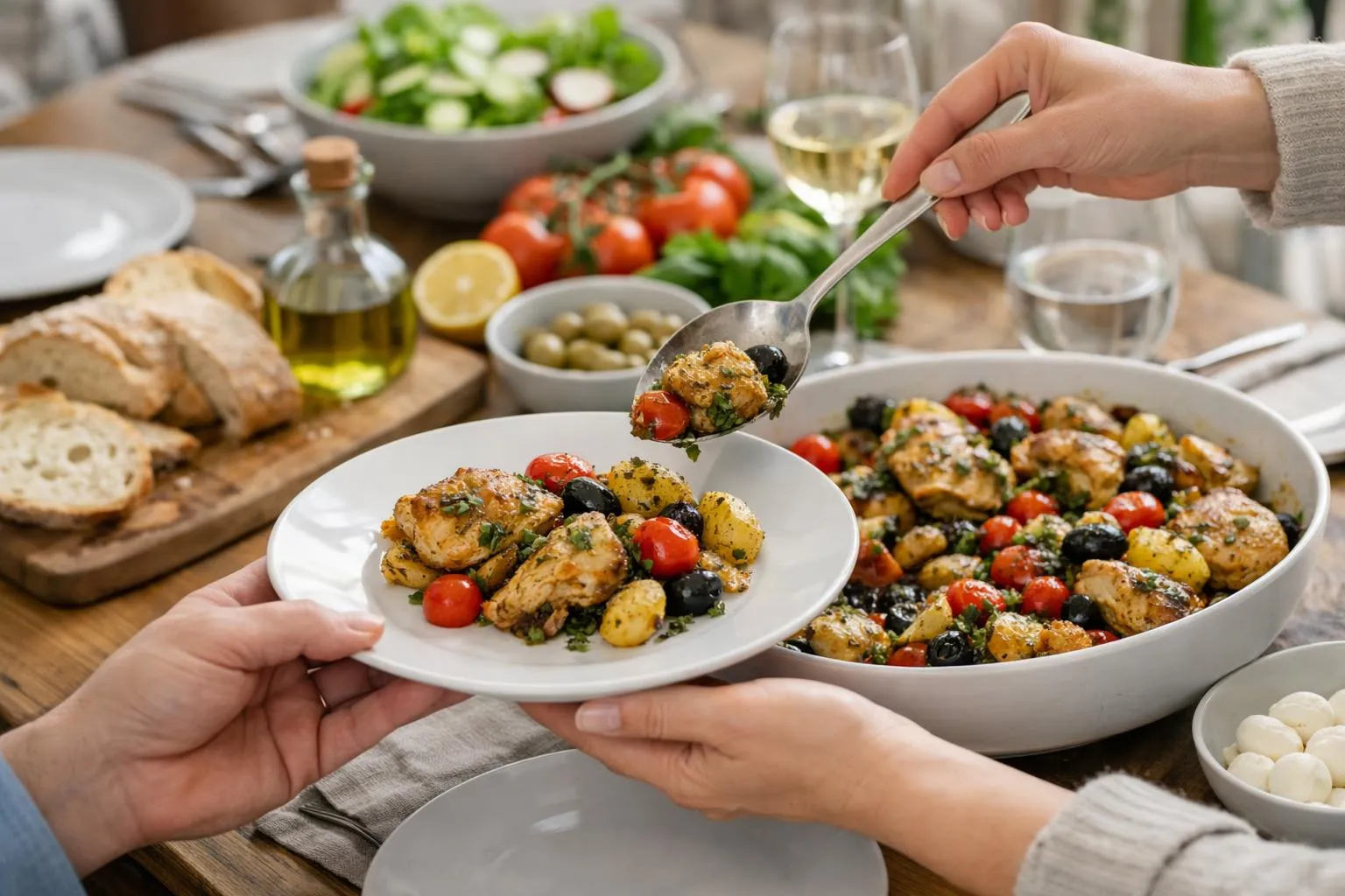 Assiette de plats méditerranéens avec légumes, olives et pain.