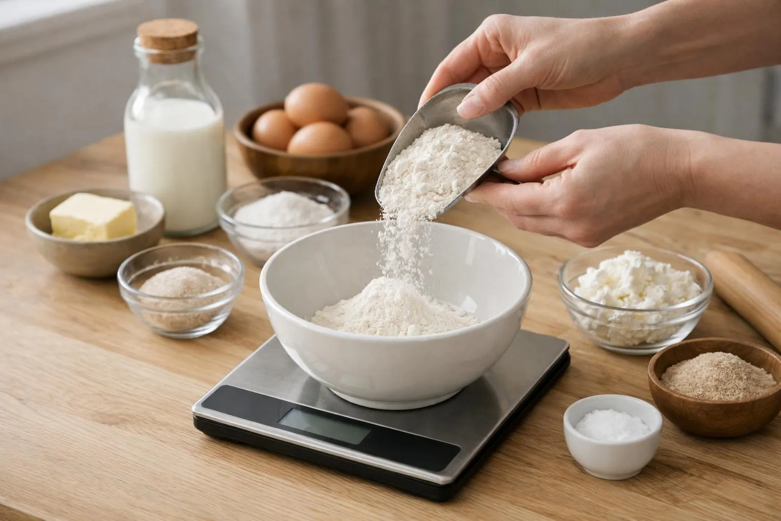 36 cl en gramme, la conversion exacte pour réussir vos recettes Préparation des ingrédients pour la cuisson: farine, oeufs, lait, beurre.