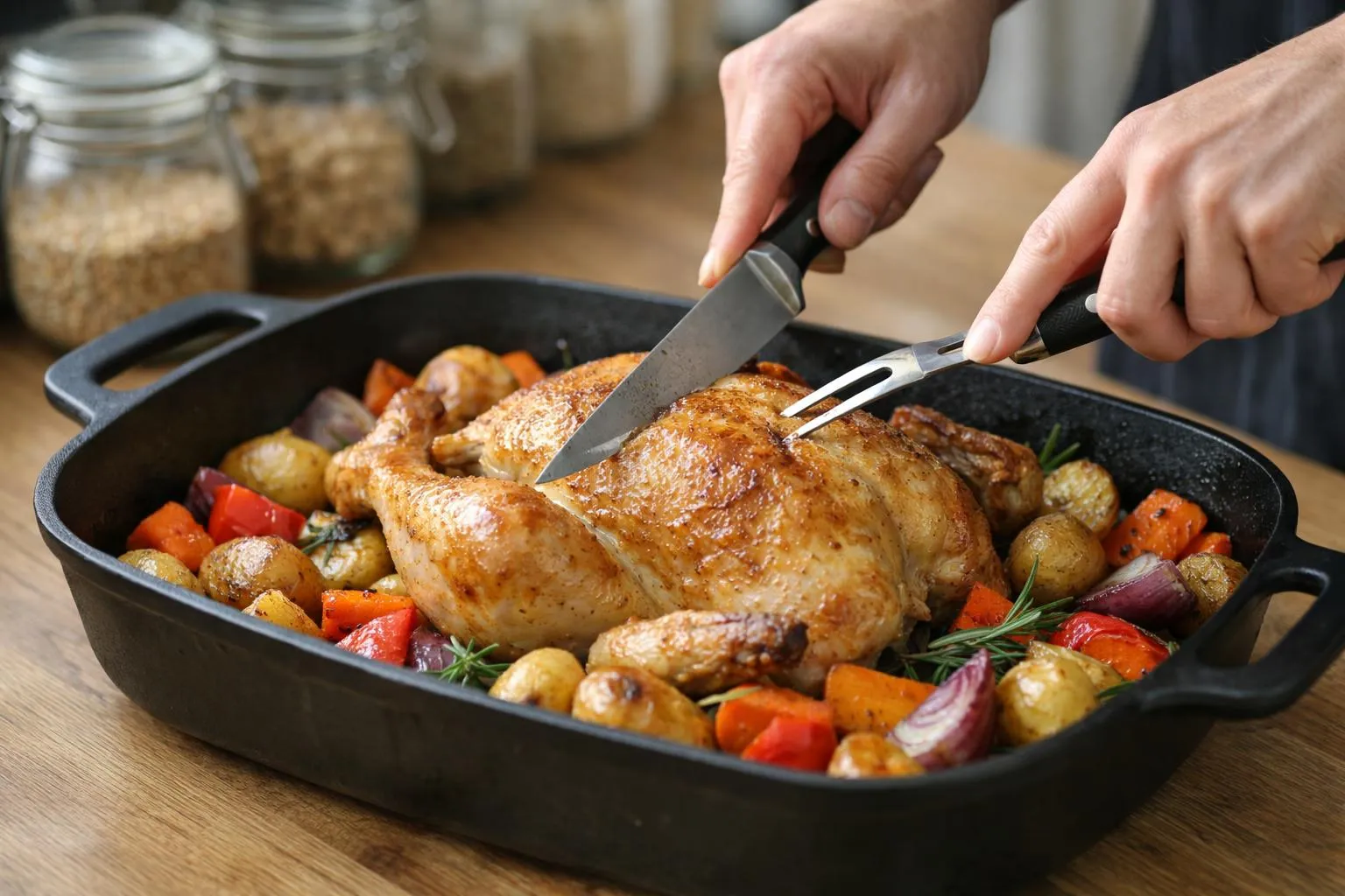 Poulet rôti avec légumes rôtis dans un plat de cuisson.