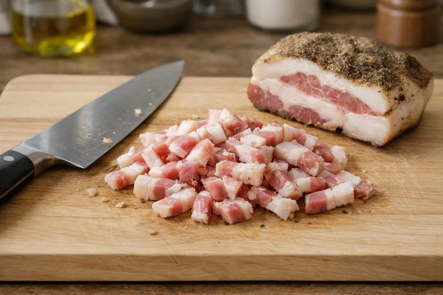 Morceau de porc cuit, tranché sur une planche à découper en bois.