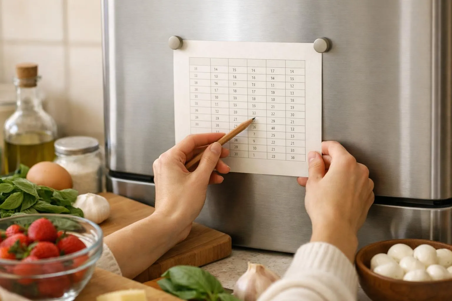 Mains tenant un tableau avec des chiffres, préparation culinaire avec légumes et ustensiles.