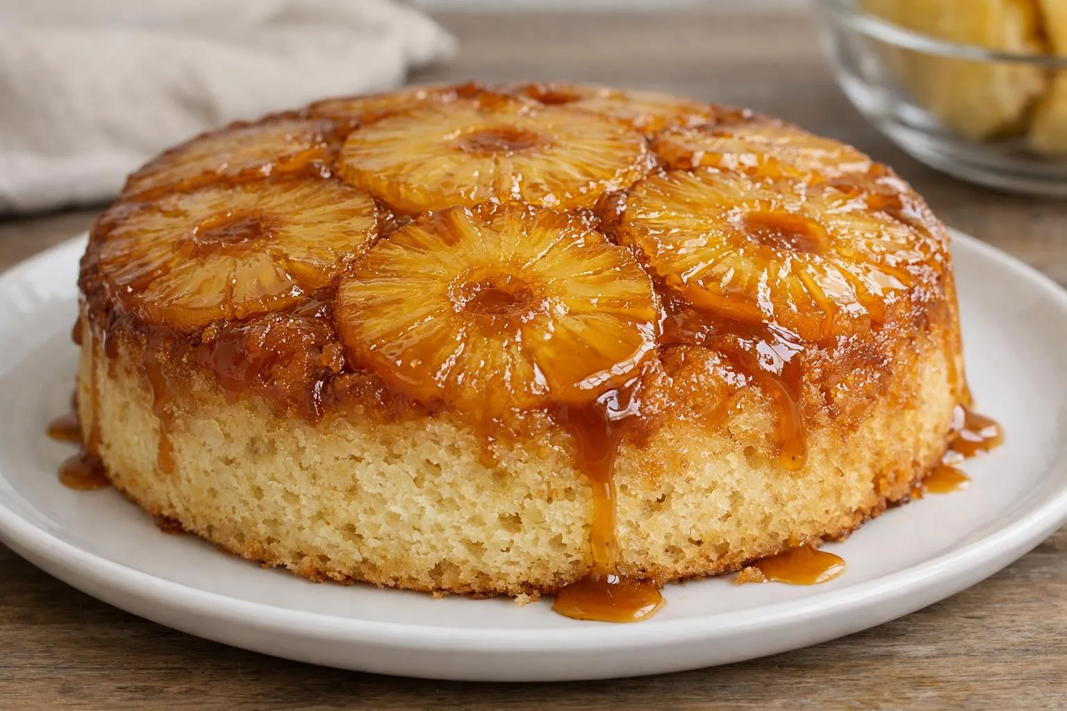 Gâteau renversé à l'ananas caramélisé, doré et brillant.