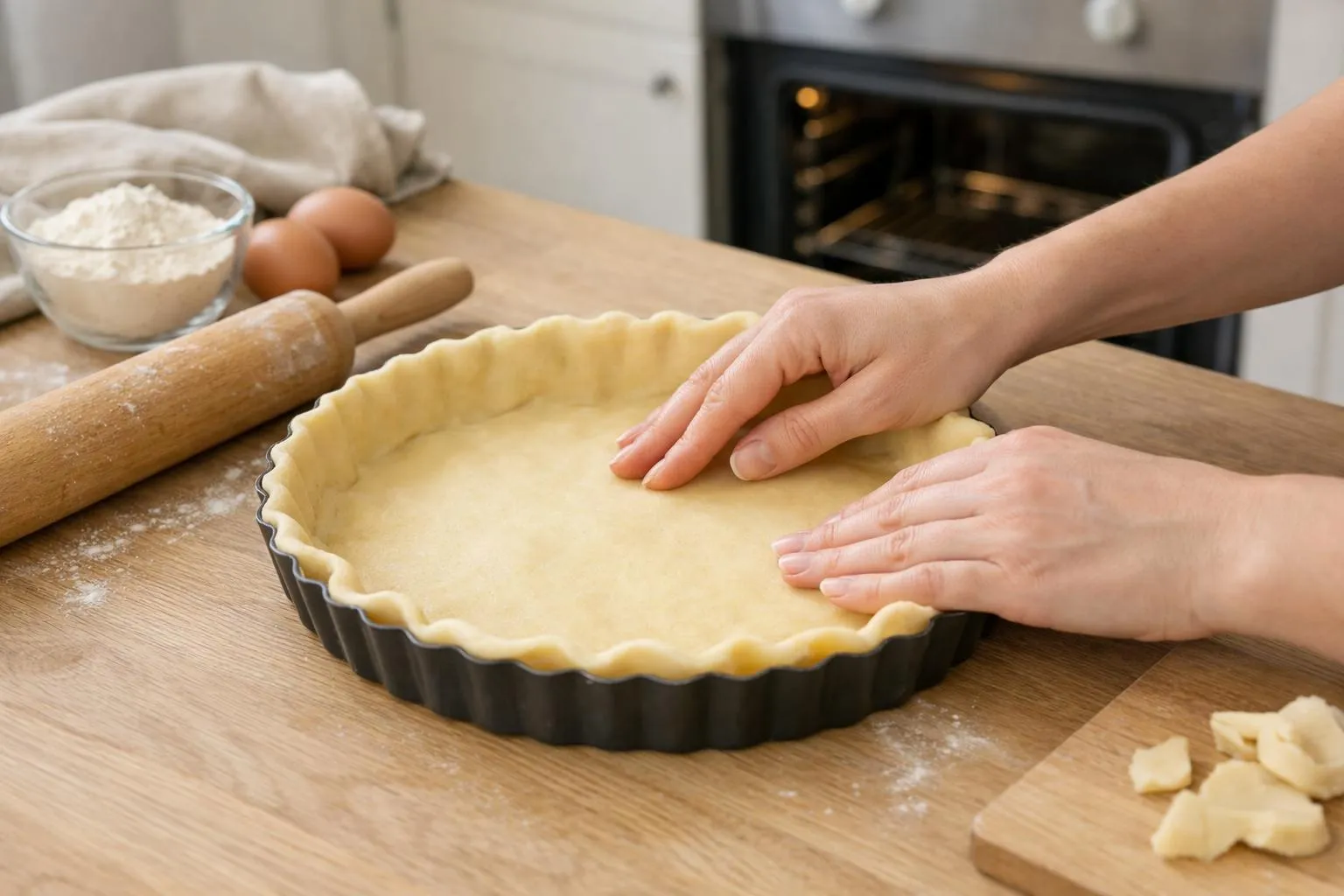 Préparation d'une pâte à tarte sur une surface en bois avec des ingrédients.