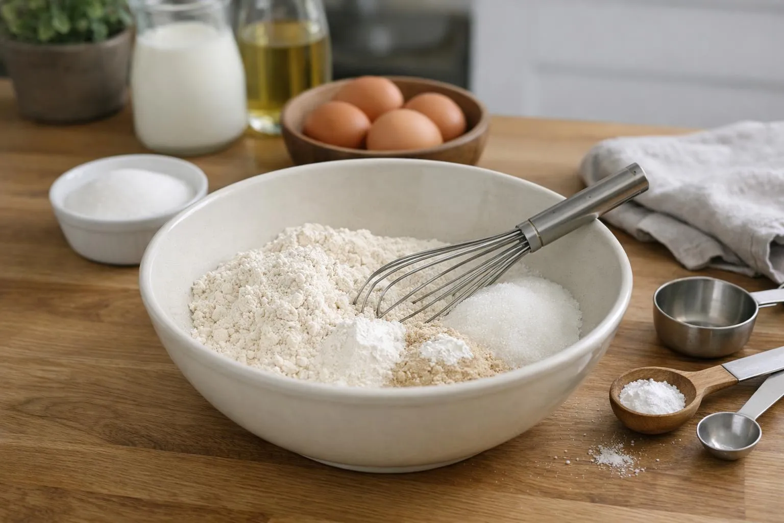 Bol de farine, œufs, ustensiles de cuisine sur une table en bois.