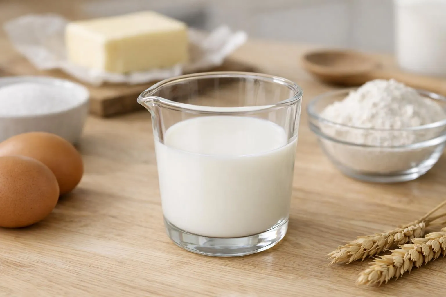 Verre de lait entouré d'ingrédients de boulangerie.