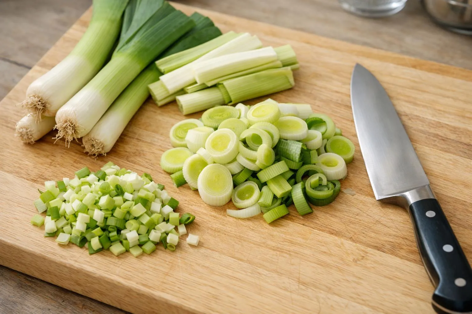 Légumes verts tranchés sur une planche de bois avec un couteau.
