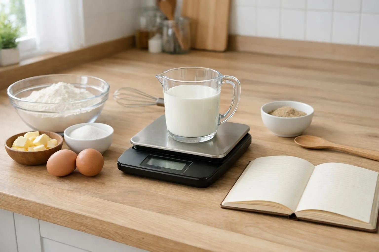 Conversion cl en gramme lait, 5 méthodes Ustensiles de cuisine, ingrédients et livre ouvert sur un plan de travail en bois.