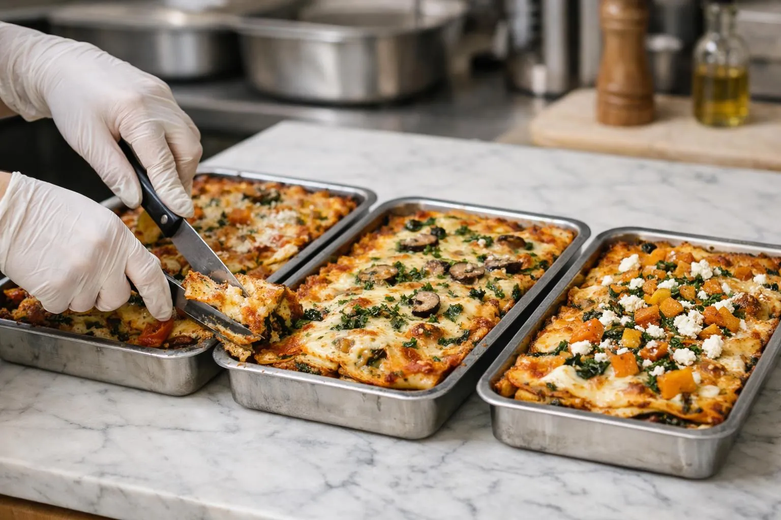 Casseroles de légumes cuits au four dans des plats en métal sur un plan de travail en marbre.