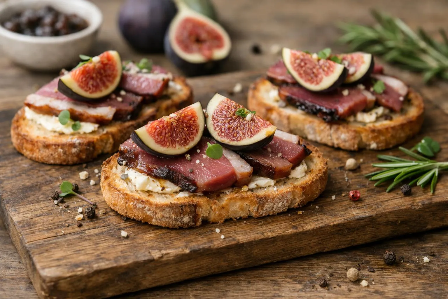 Toasts grillés garnis de figues et de tranches de viande.