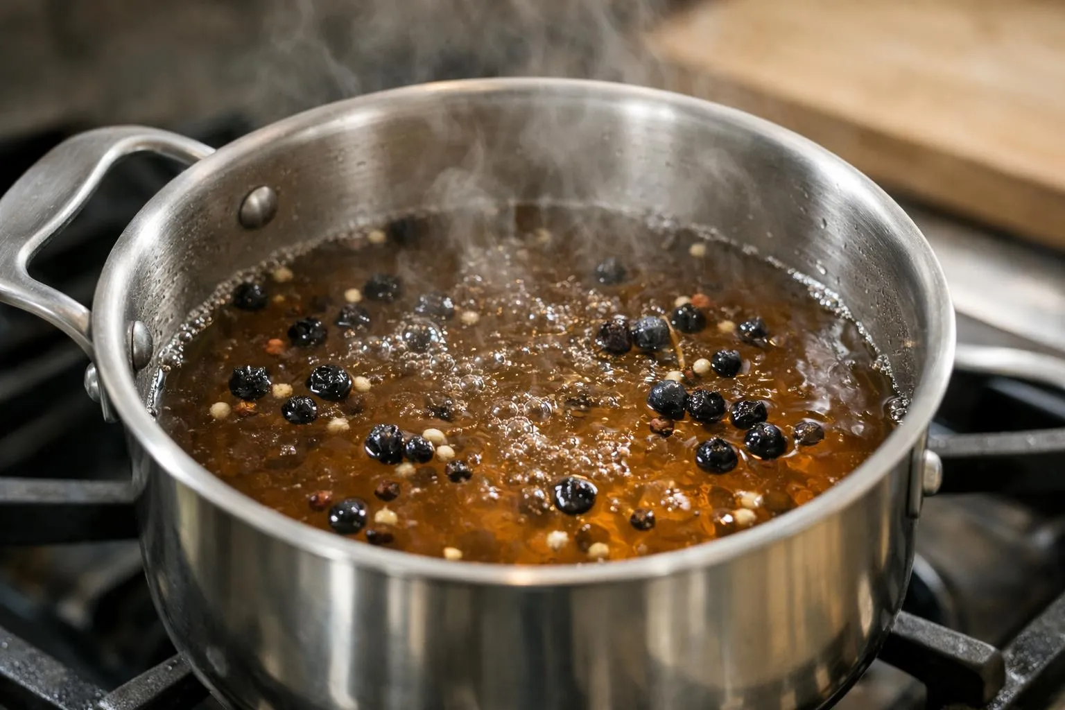 Casserole en ébullition avec des baies noires et de la vapeur.