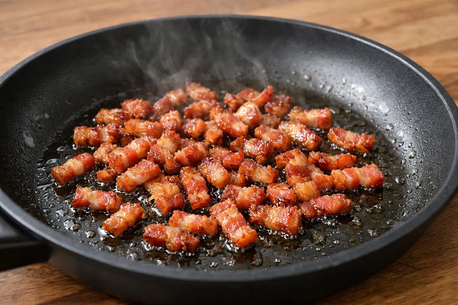 Cubes de bacon cuits dans une poêle noire sur une surface en bois.