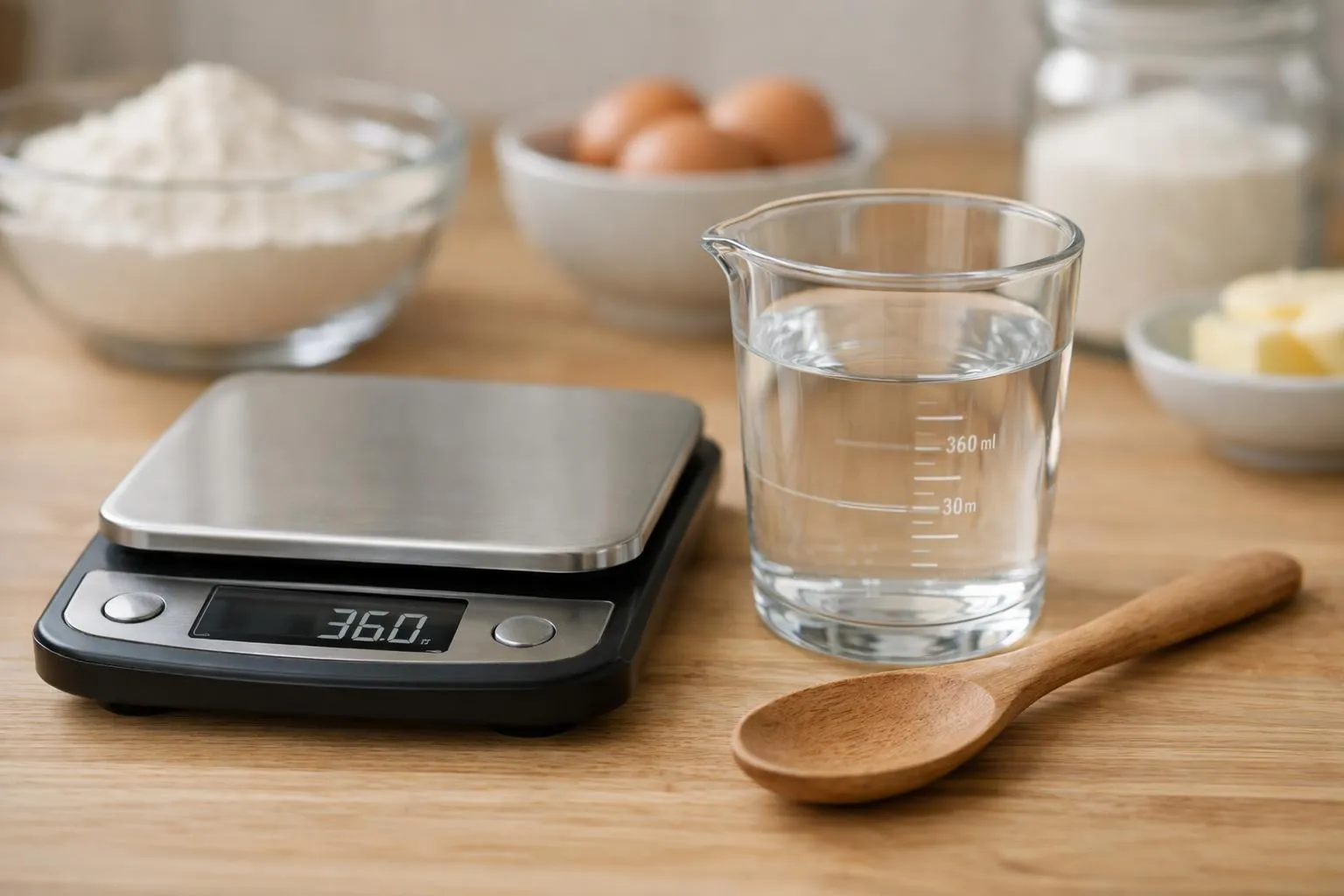 36 cl en gramme, la conversion exacte pour réussir vos recettes Balance de cuisine numérique, verre gradué, ustensiles de cuisine sur plan de travail en bois.