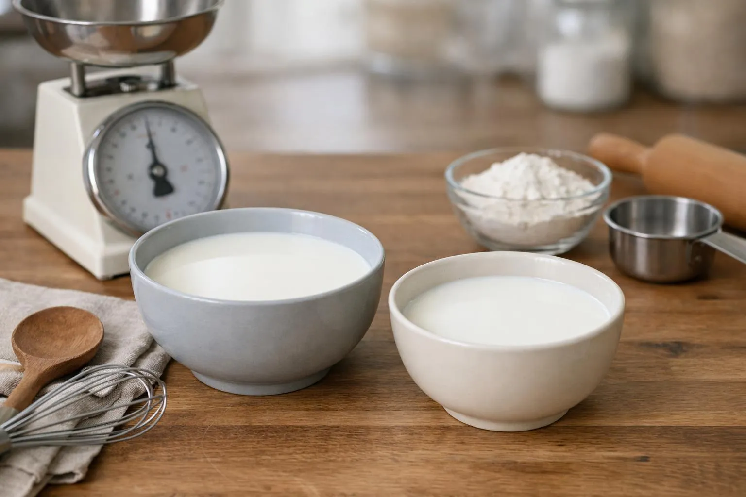 Conversion cl en gramme lait, 5 méthodes Ustensiles de cuisine, ingrédients et balance sur une surface en bois.