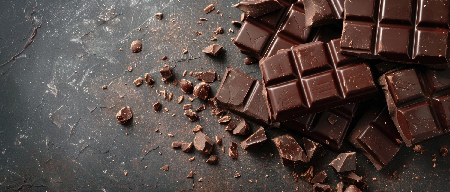Chocolat de couverture ou chocolat pâtissier : comprendre la différence et guider votre choix Des morceaux de chocolat cassés sur un fond noir